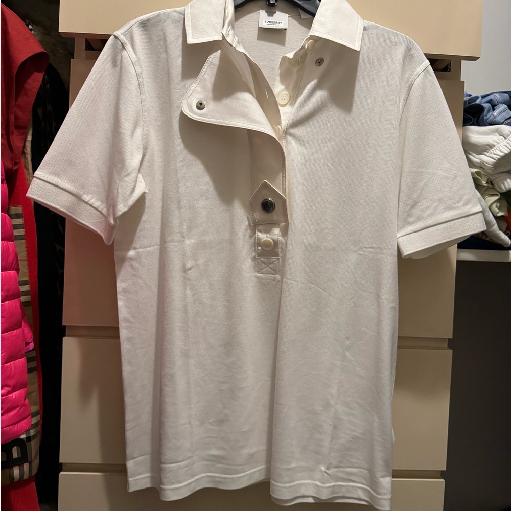 Burberry White Polo Shirt with Short Sleeves and Textured Fabric